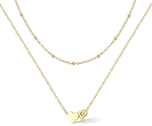 Bestyle Collar Letra Inicial P Dorado Colgante Corazón Oro Choker Gargantilla Doble Capas Fina Cadena de Acero Inoxidable 35.5cm y 40.6cm Joyas Mujer Chica Madre Hija Novia Amiga