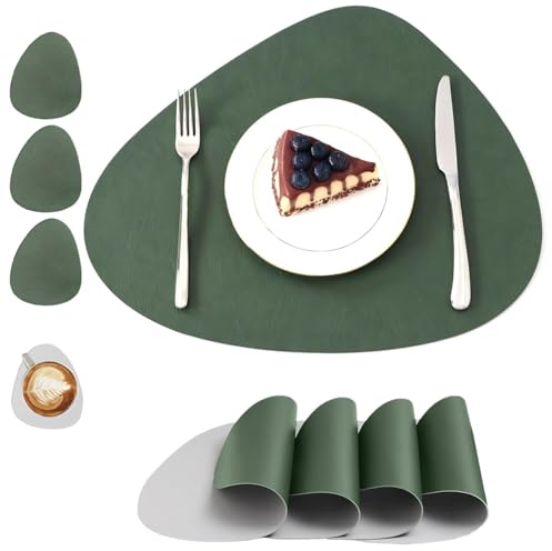 Duscdesp 4er Set Platzsets Abwaschbar,Tischset Oval Platzset Leder mit Untersetzer Teller Doppelseitigen rutschfest Platzdeckchen Tischsets für Tischdeko Küchenzubehör (Grün + Grau)