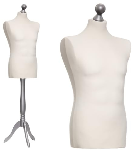 DummyDoll Schneiderpuppe männlich Größe 50/52, Überzug Creme/Ecru, Holzdreibein Silber