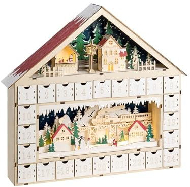 Calendrier de l'Avent Décoratif à LED en Bois en Forme de Maison Fonctionnement à Piles Marron Clair Nisser