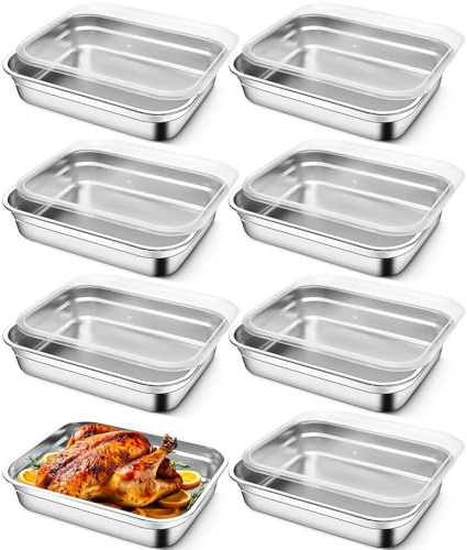 HFZCV 8 Stück Edelstahl Aufschnittboxen für Kühlschrank, Lebensmittel Aufbewahrungsbox mit Deckel, Luftdichte Frischhalteboxen Stapelbar Metal für Gastronomie, Küche, Restaurant, 32 x 28 x 7cm