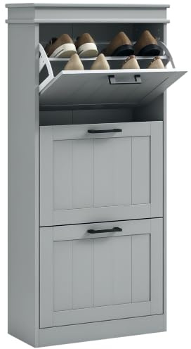 HOMCOM 3 Flip Drawers Narrow Shoe Cabinet, Adjustable Shelves, Grey | Holds 15 Pairs, Narrow Shoe Storage Cabinet