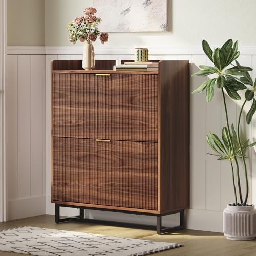 Garvee Gran Capacidad y diseño Moderno - Armario Zapatero Estrecho de Madera con 2 cajones abatibles - Ahorro de Espacio y Fondo de 30 cm - Ideal para recibidor, Pasillo o salón - Color Nogal