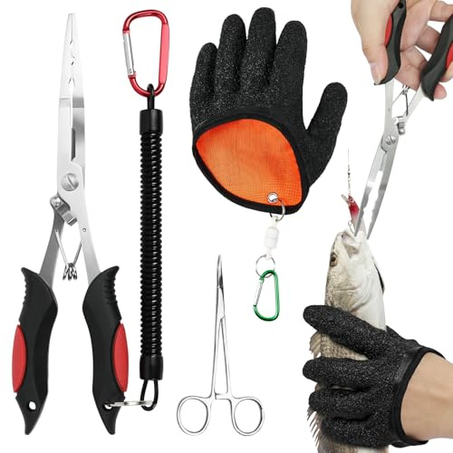 ABOHU Kit de Pince multipoutil de pêche, 4 pièces Outil de Retrait d'hameçon avec Gants Anti-Coupure et dragonne, Pince courbée en Acier Inoxydable à Verrouillage pour la pêche en mer et en rivière