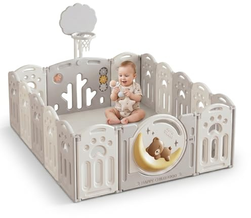 Parque Infantil 180x150cm Corralito para Juegos de Bebe Plegable con Puerta LED y Canasta con 20 Bolas y Paneles de Seguridad HDPE Sin BPA Parque Bebé Interior y Exterior Oso Luna Desarrollo Gateo