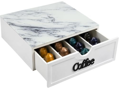 Cecaro Group Portacapsule Caffè con Cassetto e Piano Superiore in Plexiglass Effetto Marmo Ner– Organizer Capsule e Cialde con 3 Scomparti, Salvaspazio per Macchina del Caffè, 30x30x10 cm