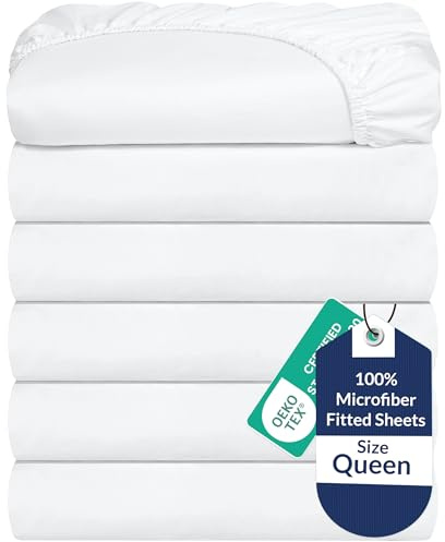 Royale Linens 6 Pack Queen Fitted Sheet Set - Bottom Sheet - Ultra Soft & Breathable - Brushed 1800 Microfiber - Wrinkle & Stain Resistant - Hotel Quality Deep Pocket Stretch Up to 16 (Queen, White)