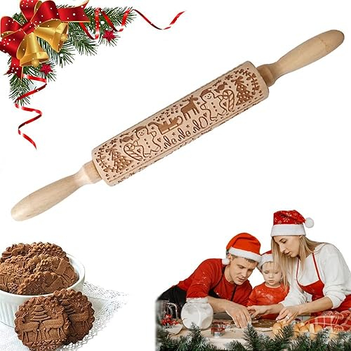 Guidre Weihnachtliche Motiv Nudelholz, 3D Teigroller aus Holz Herzchen Nudelholz für Gebäck mit Prägung,Ostern Weihnachten Graviertes Nudelholz Kinder für DIY Bäck Gebäck Cookie Küchen