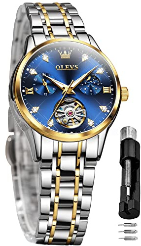 OLEVS Women's Automatic Watch Luxury Diamond Self Winding Dress Wrist Watch Moon Phase Stainless Steel Waterproof Luminous Blue dial