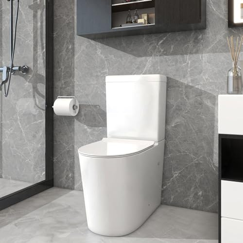 Robanmoa Rimless Close Coupled WC Toilet - Comfort Height Back to Wall White Ceramic Pan & Dual Flush Cistern With Soft Close Seat, Oval Elongated Design