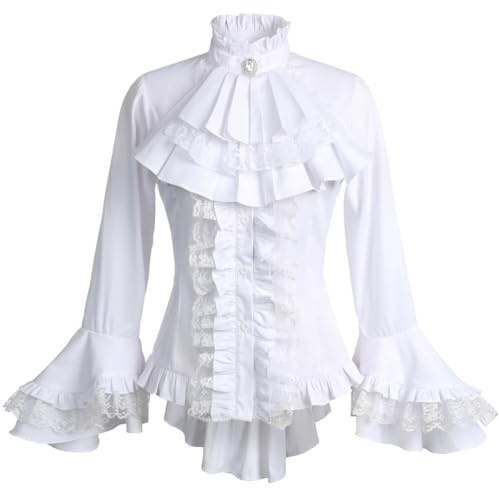 Gothic Victorian Blouse for Women Sweet Lolita Shirt High Low Irregular Ruffles Lotus Hem Medieval Tops (US, Alpha, X-Large, Regular, Regular, White)
