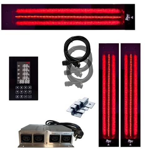 Set frameless InfraROTmed MAX© radiatore di calore profondo + controllo icon 4 touch, riscaldatore a infrarossi per sauna e cabina a infrarossi, faretto a spettro completo (2 x 500 W + 1 x 1300 W SW +