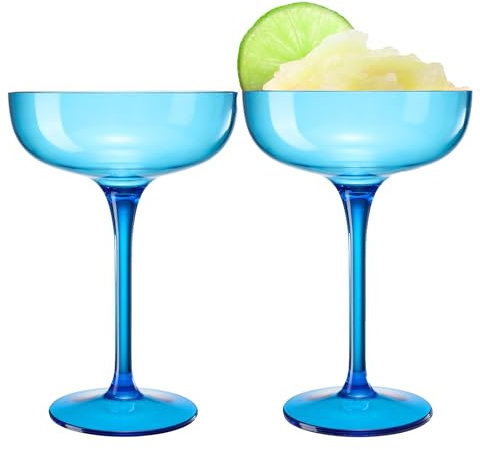 Acrylic Shatterproof Martini, Margarita, Champagne & Cocktail Unbreakable Glasses | Set of 2 | Large Plastic Coupe Glasses 15oz, Tritan Drinkware, BPA-free, Reusable, Pool, Indoor & Outdoor (Blue)