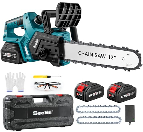 SEESII Akku Kettensäge 12 Zoll, 10000mAh Elektro Kettensäge, 1200W Bürstenloser Motor, Automatische Kettenschmierung, Werkzeuglose Kettenspannung, 30cm Schwertlänge, Ideal für Brennholz & Baum
