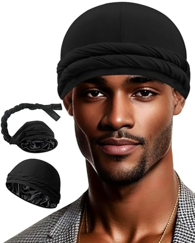 Babalet Durag turbante con forro de satén mejorado para hombres y mujeres, gorro de dormir preatado para la pérdida de cabello