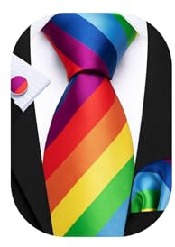 Barry.Wang Rainbow Tie Set Striped Necktie Men's Handkerchief Cufflinks Sets Formal Business Wedding