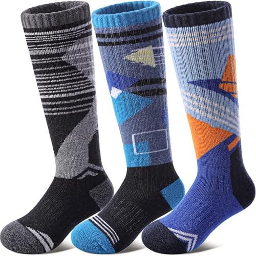 DOSKONI Kids Merino Wool Ski Socks Boys Girls Thermal Winter Warm Thick Cozy Socks for Skiing Snowboarding 3 Pairs Splicing Blue Black Grey,4-7 Year Old