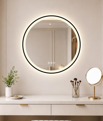 S'bagno Bluetooth Badspiegel-mit-Beleuchtung 60CM, Schwarz Eisenrahmen | LED-Badspiegel-Rund, Anti-Fog, 3 Lichtfarben, Dimmbar, IP44 Badezimmerspiegel mit Speicherfunktion, Hartglas