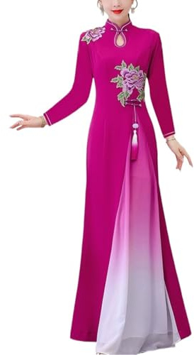 SXTYYH Traditionnel Robe Vietnam for Femme Ao Dai Longue Robe Chinoise été Robe Cheongsam Broderie Qipao(XL,Rosy)