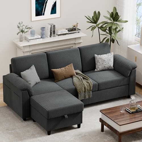 Vongrasig 79 Convertible Sectional Couches Sofa with Storage Ottoman, 3 Seat L Shaped Couch with Side Storage Pockage, Small Couches for Living Room, Apartment and Small Space, Grey
