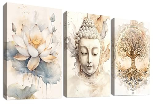 HALFLEMART 3Pcs Stampa su tela Con Cornice Albero della Vita Buddha Pittura Buddismo Zen Fiore di Loto Beige Quadri su tela Quadri Moderni Bagno Camera da Letto Soggiorno Stampe da Parete 40x60cm x3