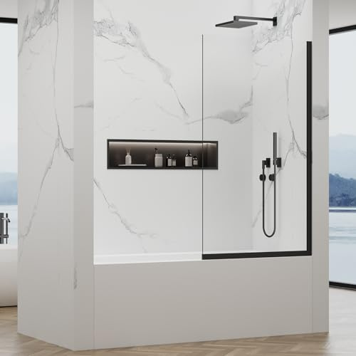 35 W x 60 H Bathtub Fixed Glass Panel, 3/8 (10mm) Tempered Glass with Dual Nano Coating, Frameless Shower Door, Bath Tub Shower Screen, Matte Black