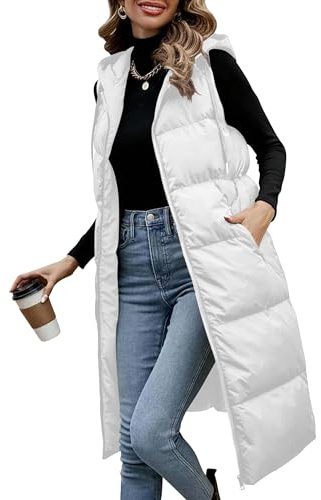 Gilet trapuntato lungo da donna con cappuccio, senza maniche, imbottitura in piumino, leggero, caldo, per le attività all'aria aperta, per autunno e inverno, bianco, M
