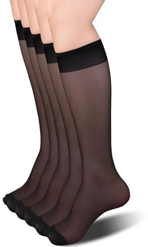 Fangshu 5-pack knästrumpor dam, 15 DEN slitstarka nylonstrumpor dam transparenta fina knästrumpor sidenlen nylonstrumpor