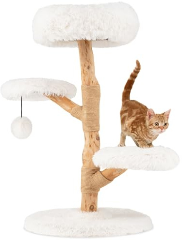 SOARS Kratzbaum Holz, 90 cm Katzenbaum mit 3 Plattformen, Kratzsäulen & Plüschball, Katzenkratzbaum klein, Kletterbaum für Katzen, Katzenmöbel, Weiß