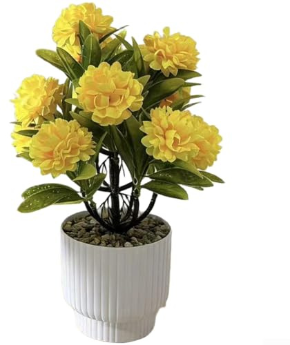 Bonsaï artificiel compact avec hortensia et chrysanthème en soie plastique pour salon, chambre à coucher, étagère (jaune)