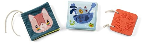 LILLIPUTIENS, Jardin, Set de 3 Livres Sensoriels pour Bébé, Dès 3 Mois | 3 Livres en Matières Différentes : Livre Tissu + Imagier Silicone + Livre de Bain, Boîte Cadeau, Premiers Livres d'Éveil Bébé