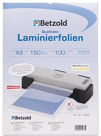 Betzold - 100 x DIN A3 Laminierfolien - Laminieren Schulbedarf Bürobedarf Laminiertaschen 150 micron glänzend