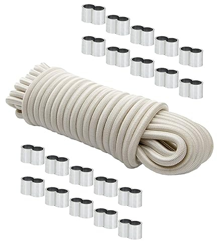 Dreamprint Expanderseil 8mm Weiß 20m Seil Spannseil Planenseil Gummileine elastisches Gummiseil für Anhängerplane mit 20x Würgeklemmen