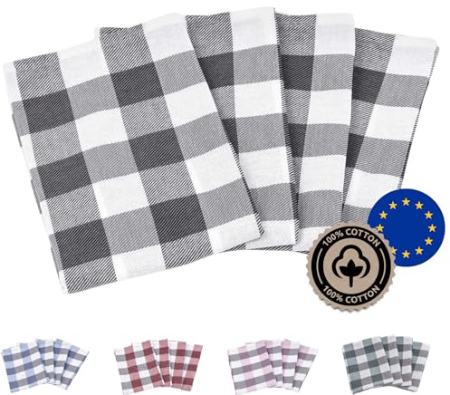 Zestri 4er-Set Geschirrtücher - Made IN EU - 100% Baumwolle - Kariert Geschirrhandtücher Saugstark Anthrazit | 50 x 70 cm