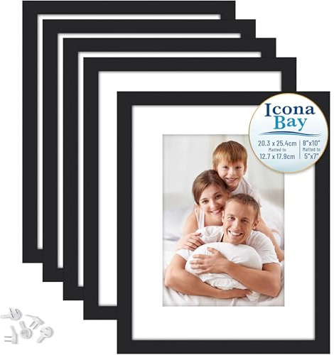 Icona Bay – Marcos de fotos de 20x25 cm con paspartú extraíble para fotos de 13x18 cm – Negro, paquete de 5 – Marcos de madera compuesta – Para sobremesa o montaje en pared – Colección Bliss