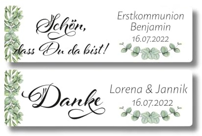 33 personalisierte Aufkleber für Mini Gläser – 6x1,8 cm – Gastgeschenk Kommunion, Hochzeit, Taufe – Etiketten mit Namen & Datum – selbstklebend