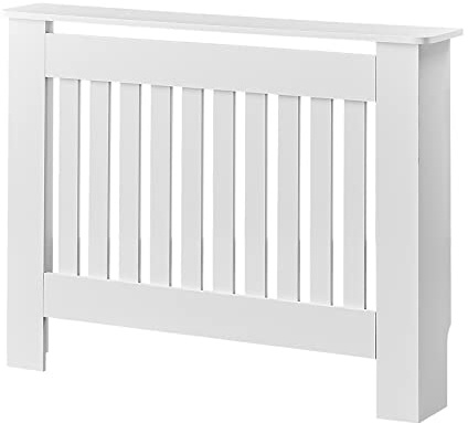 LEMROE Radiator Cover W109cm MDF Horizontal Slat Living Room Decorative Heater Cover Grill Shelf Cabinet White Home Bedroom Furniture