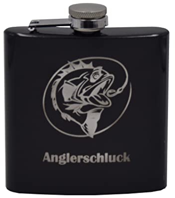 Schwarzer Flachmann mit Gravur Fisch Anglerschluck I Fischer Angler Fischerin Anglerin