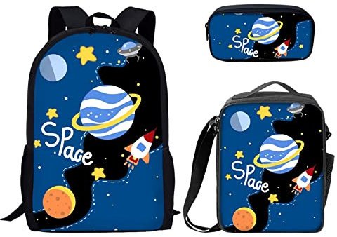 Binienty Modischer Rucksack Teen Jungen Mädchen Schulbuch Tasche mit Lunchbox Stifteetui 3 in 1, Cartoon Space, Einheitsgröße