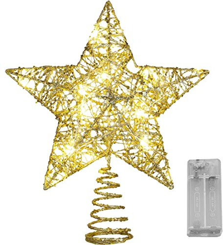 Estrella Arbol Navidad, con 15 Luces LED Decoración de árbol de Navidad con Golden de 25cm con Estrella de Metal para árbol de Navidad Decoración