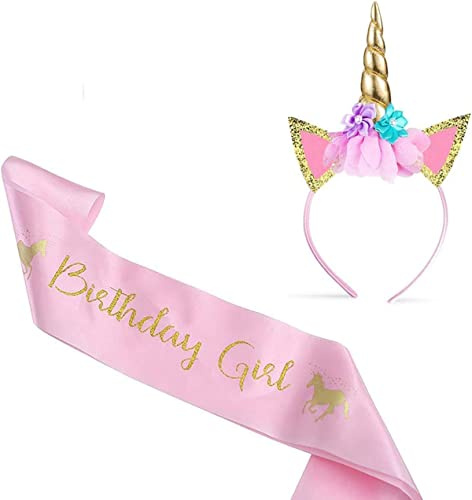 MaoNativey Unicorn Party Accessories, Gold Unicorn Headband and Birthday Girls Sash for Children, Birthdays, Role Play, Festivals, Unicorn Party Cosplay etc