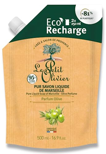 LE PETIT OLIVIER - Éco-Recharge Pur Savon Liquide De Marseille - Parfum Olive De Grasse - Nettoie La Peau En Douceur - 95% D'Origine Naturelle - Fabriqué En France - 500ml