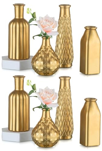 Inweder Gold Glas Blumenvasen für Tischdeko, 8 Stück | Vintage Vergoldeter Oberfläche, für einzelne Blumenstiele/Trockenblumen, für Hochzeit Weihnachten Geburtstag Wohnzimmer Deko