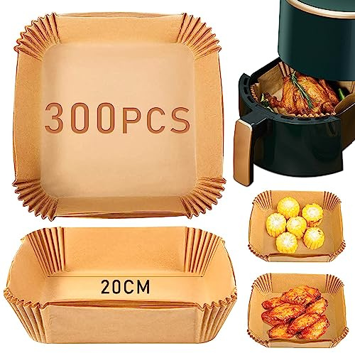 Airfryer Tillbehör Bakplåtspapper Luftfritös Pergamentpapper 300st Fyrkant Engångs Bakplåtspapper Airfryer Oljetätt,Vattentätt, för Stekpanna ugn Mikrovågsugn Varm Luftfritös Papper, 7.9in