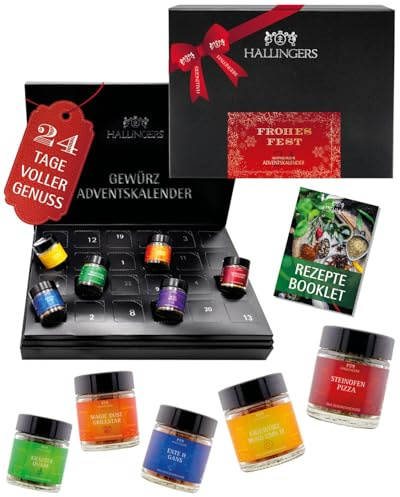 Hallingers Genuss Manufaktur Gewürz Adventskalender - 24 Gewürze aus aller Welt in edler Box mit Rezept-Booklet Frohes Fest - R..., Weihnachtskalender für Frauen Männer