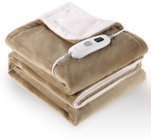 CURECURE Manta con calefacción eléctrica con 4 Niveles de Calor y 6 Horas de Apagado automático, 130 x 180 cm, Franela Suave para Mantener el Cuerpo Caliente, Lavable a máquina (Caqui Claro)