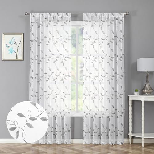 Tollpiz Graue Blättervorhänge, bestickt, für Schlafzimmer, Stangentasche, Voile, Fensterbehandlung für Wohnzimmer, 137,2 x 241,3 cm lang, Set mit 2 Paneelen
