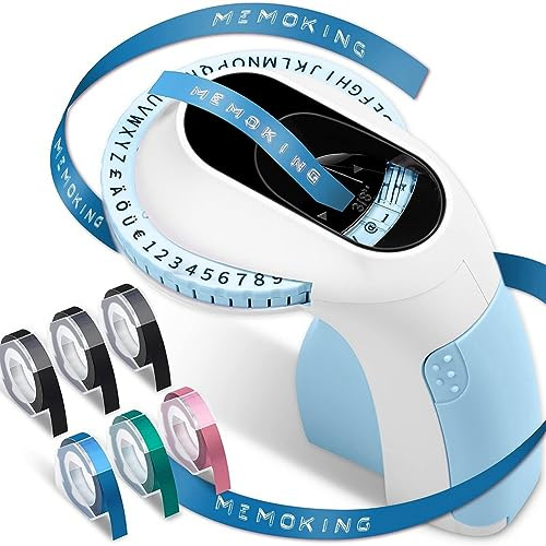 Kcvzitrds Embossing Label Maker E975 3D Prägeetiketten-Druckmaschine mit 6 Rollen Prägebändern, Handheld-Präger Wiederverwendbar Blau