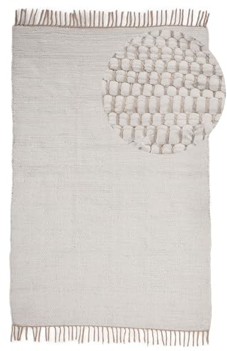 carpetfine Flickenteppich Kelim Chindi Uni Weiß 120x170 cm, handgewebt | Fleckerlteppich aus Baumwolle für Wohnzimmermit Fransen