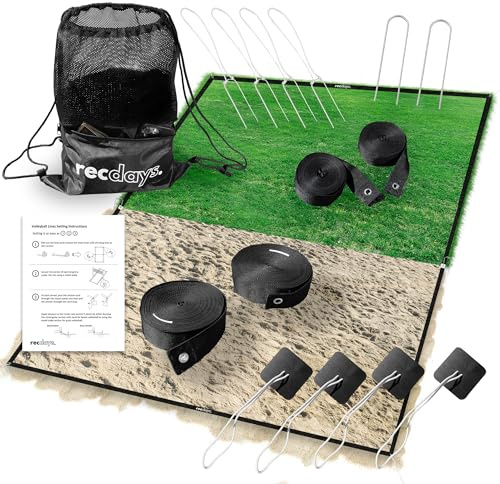 Recdays Volleyball-Linien: Premium 2-in-1 Gras-Volleyball- und Strandvolleyball-Linien, 5,1 cm Volleyball-Spielfeldlinien mit Ankern und Heringen, strapazierfähige Netztasche mit Kordelzug, offizielle
